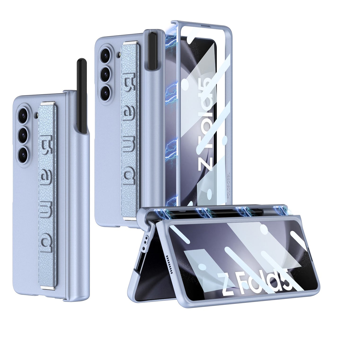 Magnetic Hinge Pen Slot Wristband Holder Phone Case With Back Screen Protector For Samsung Galaxy Z Fold5 Fold4 Fold3