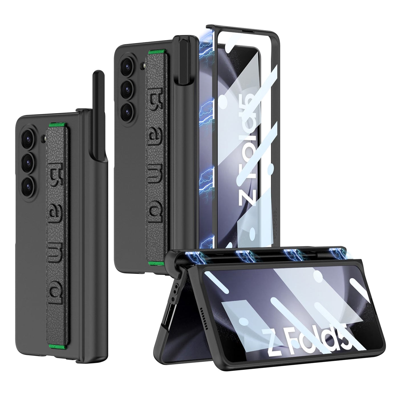 Magnetic Hinge Pen Slot Wristband Holder Phone Case With Back Screen Protector For Samsung Galaxy Z Fold5 Fold4 Fold3