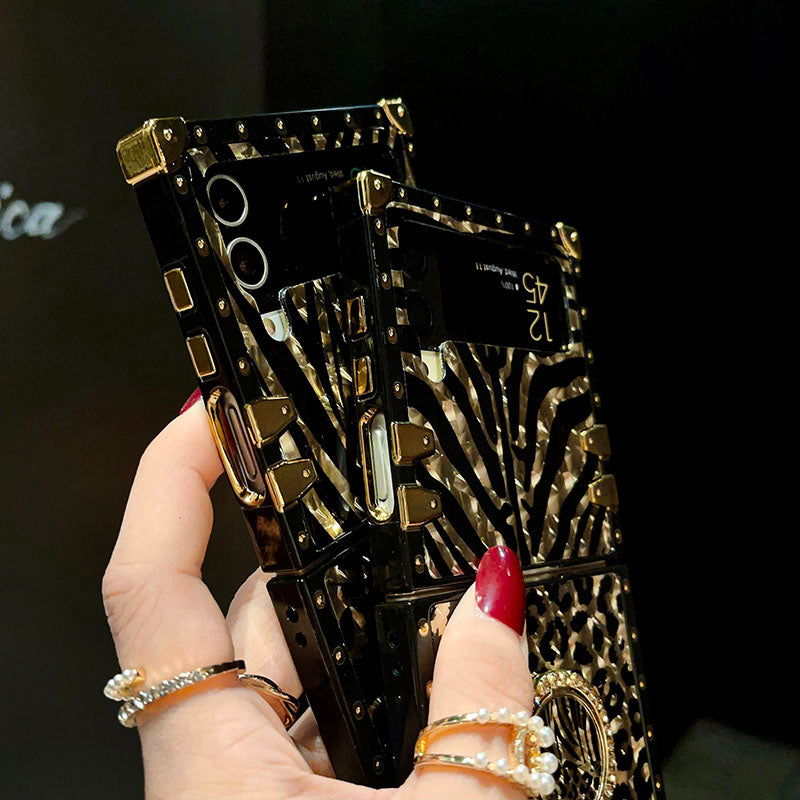 Luxury Leopard Pattern Stripe Glitter Gold Square Case For Samsung Galaxy Z Flip4 Flip3 5G - {{ shop_name}} pphonecover