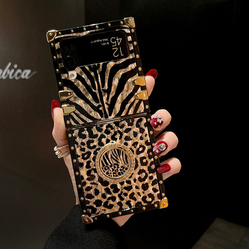 Luxury Leopard Pattern Stripe Glitter Gold Square Case For Samsung Galaxy Z Flip4 Flip3 5G - {{ shop_name}} pphonecover