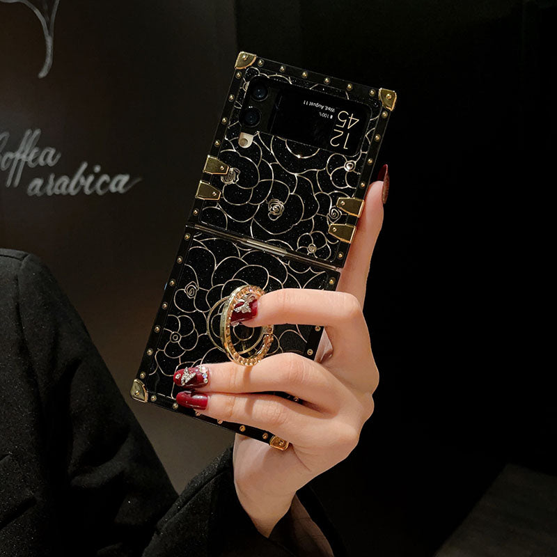 Luxury Brand Camellia Gold Plating Square Case For Samsung Galaxy Z Flip4 Flip3 5G - {{ shop_name}} pphonecover