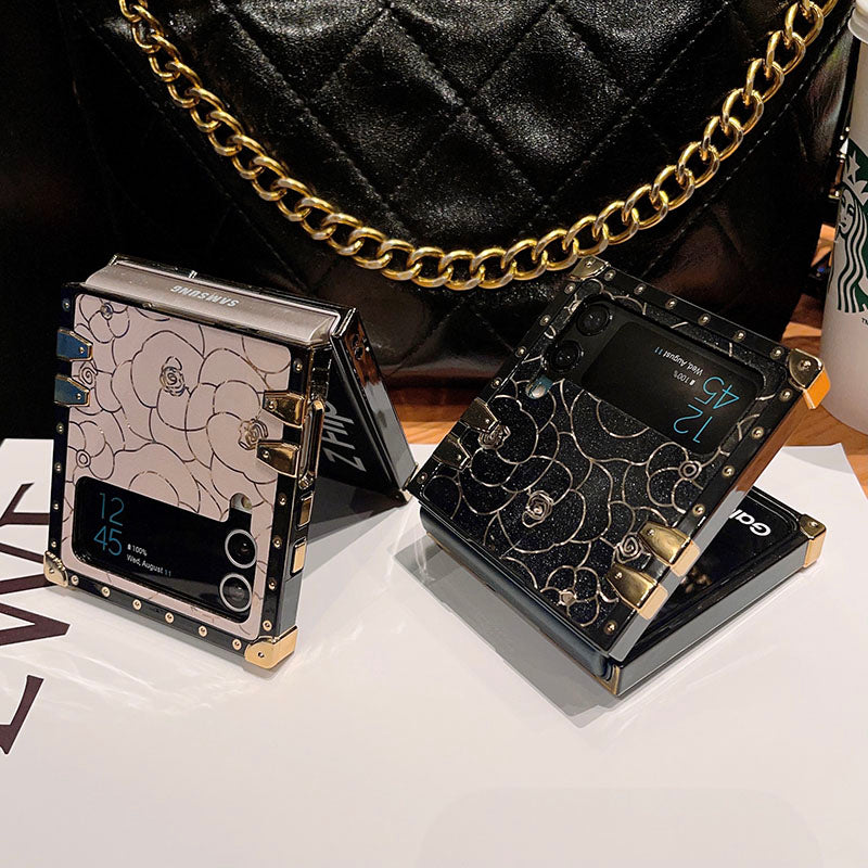 Luxury Brand Camellia Gold Plating Square Case For Samsung Galaxy Z Flip4 Flip3 5G - {{ shop_name}} pphonecover