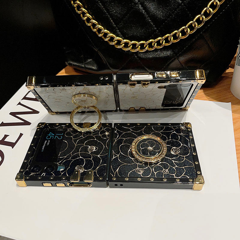 Luxury Brand Camellia Gold Plating Square Case For Samsung Galaxy Z Flip4 Flip3 5G - {{ shop_name}} pphonecover