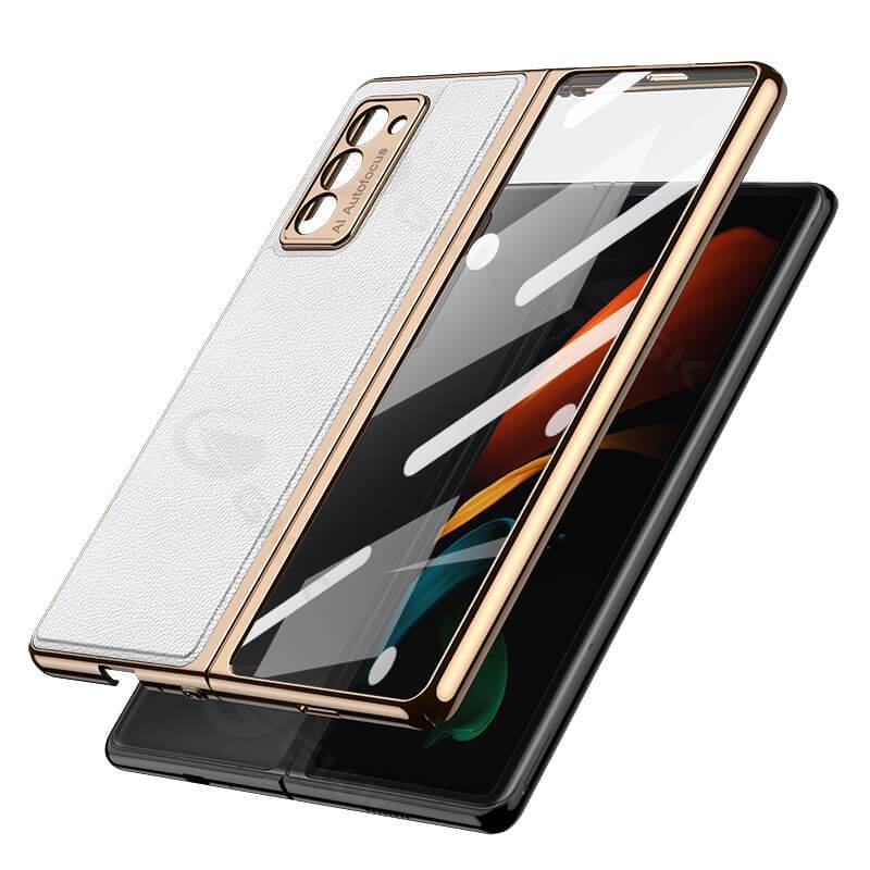 Luxury Leather Carbon Fiber Plating Case For Samsung Galaxy Z Fold3 Fold2 With Tempered Glass Screen - {{ shop_name}} varyfun