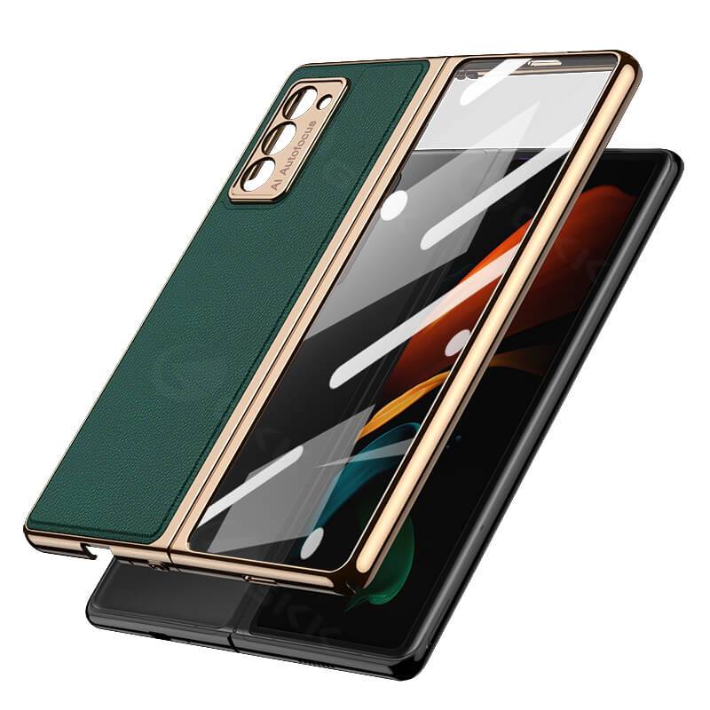 Luxury Leather Carbon Fiber Plating Case For Samsung Galaxy Z Fold3 Fold2 With Tempered Glass Screen - {{ shop_name}} varyfun