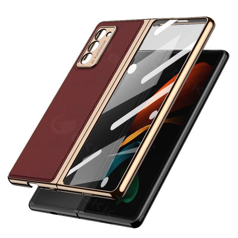 Luxury Leather Carbon Fiber Plating Case For Samsung Galaxy Z Fold3 Fold2 With Tempered Glass Screen - {{ shop_name}} varyfun