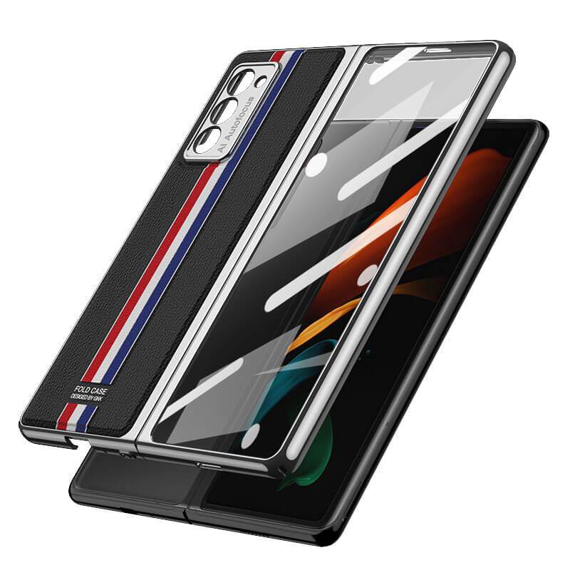 Luxury Leather Carbon Fiber Plating Case For Samsung Galaxy Z Fold3 Fold2 With Tempered Glass Screen - {{ shop_name}} varyfun