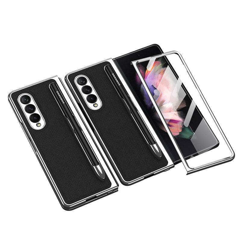 Luxury Leather Carbon Fiber Plating Case For Samsung Galaxy Z Fold3 Fold2 With Tempered Glass Screen - {{ shop_name}} varyfun