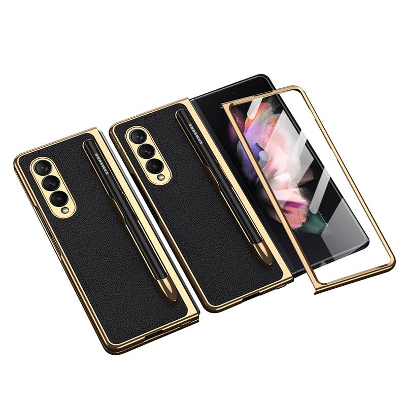 Luxury Leather Carbon Fiber Plating Case For Samsung Galaxy Z Fold3 Fold2 With Tempered Glass Screen - {{ shop_name}} varyfun