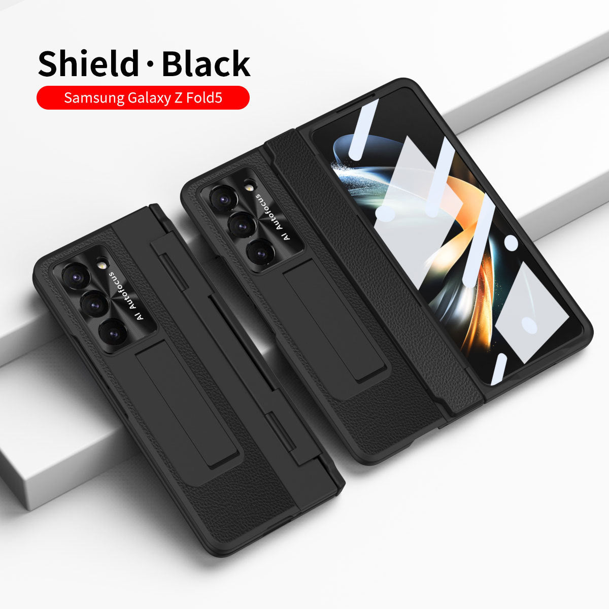 Plating Leather Galaxy Z Fold5 Fold4 Fold3 Case with Front Screen Protector & Flat Hinge Protection & Hidden Stand - mycasety2023 Mycasety