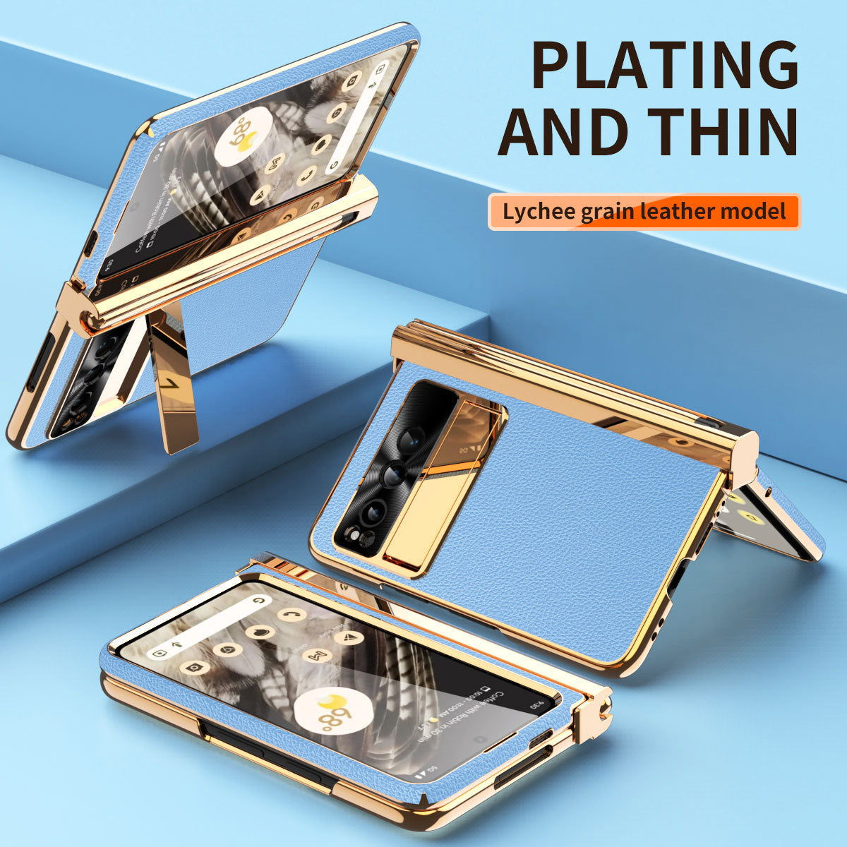 Electroplated Leather Google Pixel Fold Case with Dual Hinge Protective Screen Protector and Hidden Kickstand Pen Slot Free Stylus - mycasety2023 Mycasety