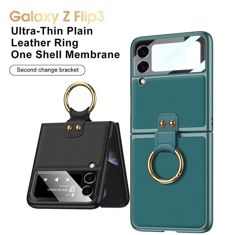 Original Leather Back Screen Tempered Glass Hard Frame Cover For Samsung Z Flip 3 5G - {{ shop_name}} varyfun