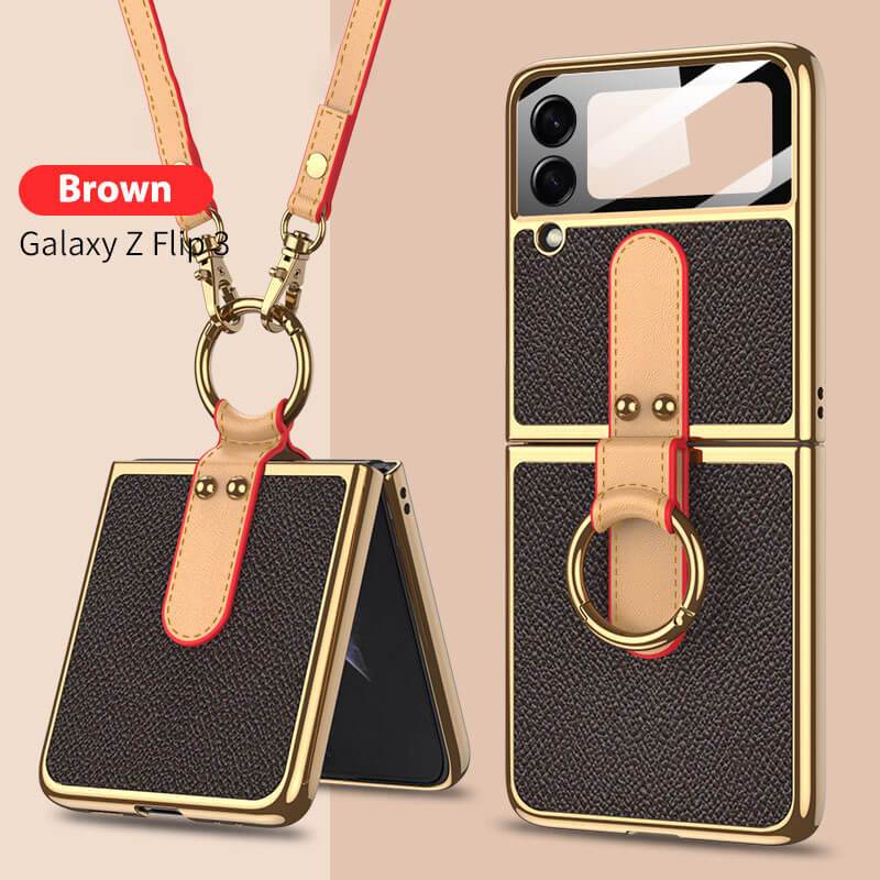 Original Leather Back Screen Tempered Glass Hard Frame Cover For Samsung Z Flip 3 5G With Lanyard - {{ shop_name}} varyfun