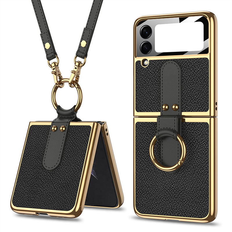 2022 Luxury Leather Back Screen Tempered Glass Hard Frame Cover For Samsung Galaxy Z Flip 3 5G With Lanyard - {{ shop_name}} varyfun