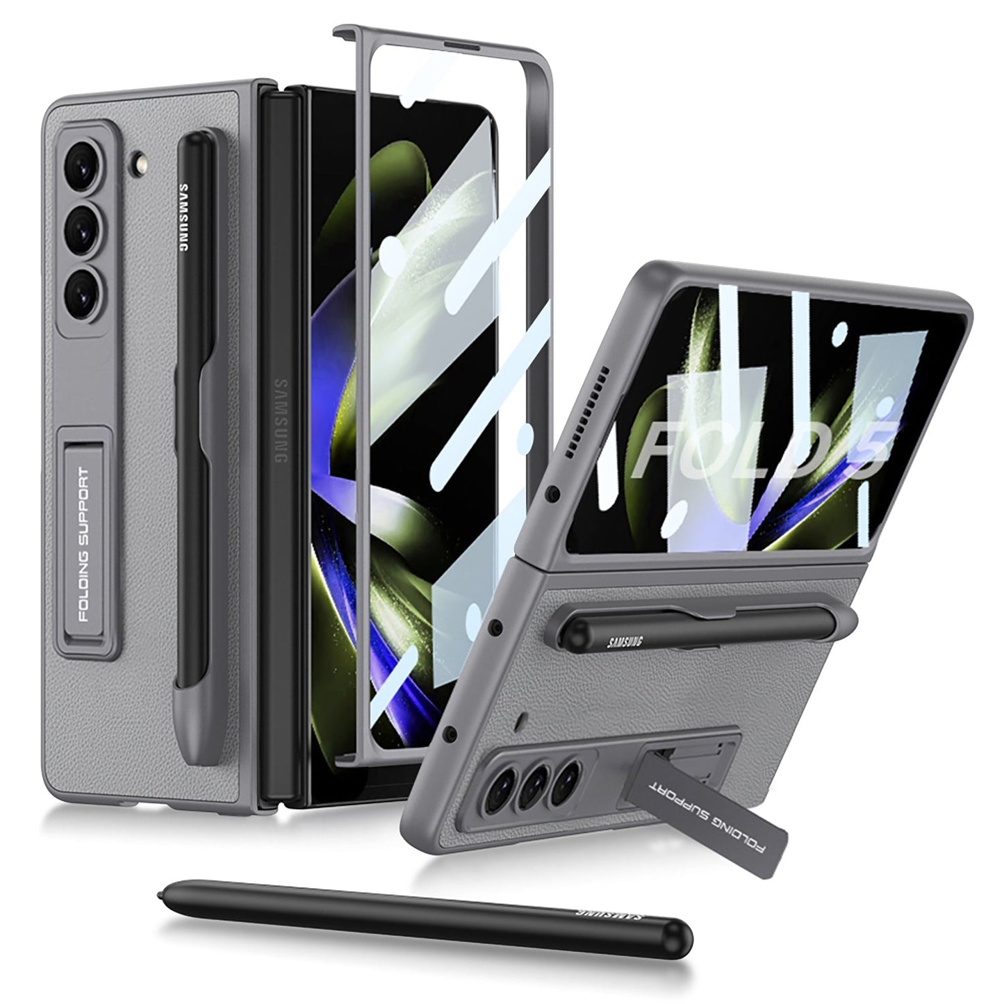 Slim Leather Samsung Galaxy Z Fold 5 Case with Front Screen Tempered Glass Protector & Pen Slot & Stylus - {{ shop_name}} varyfun