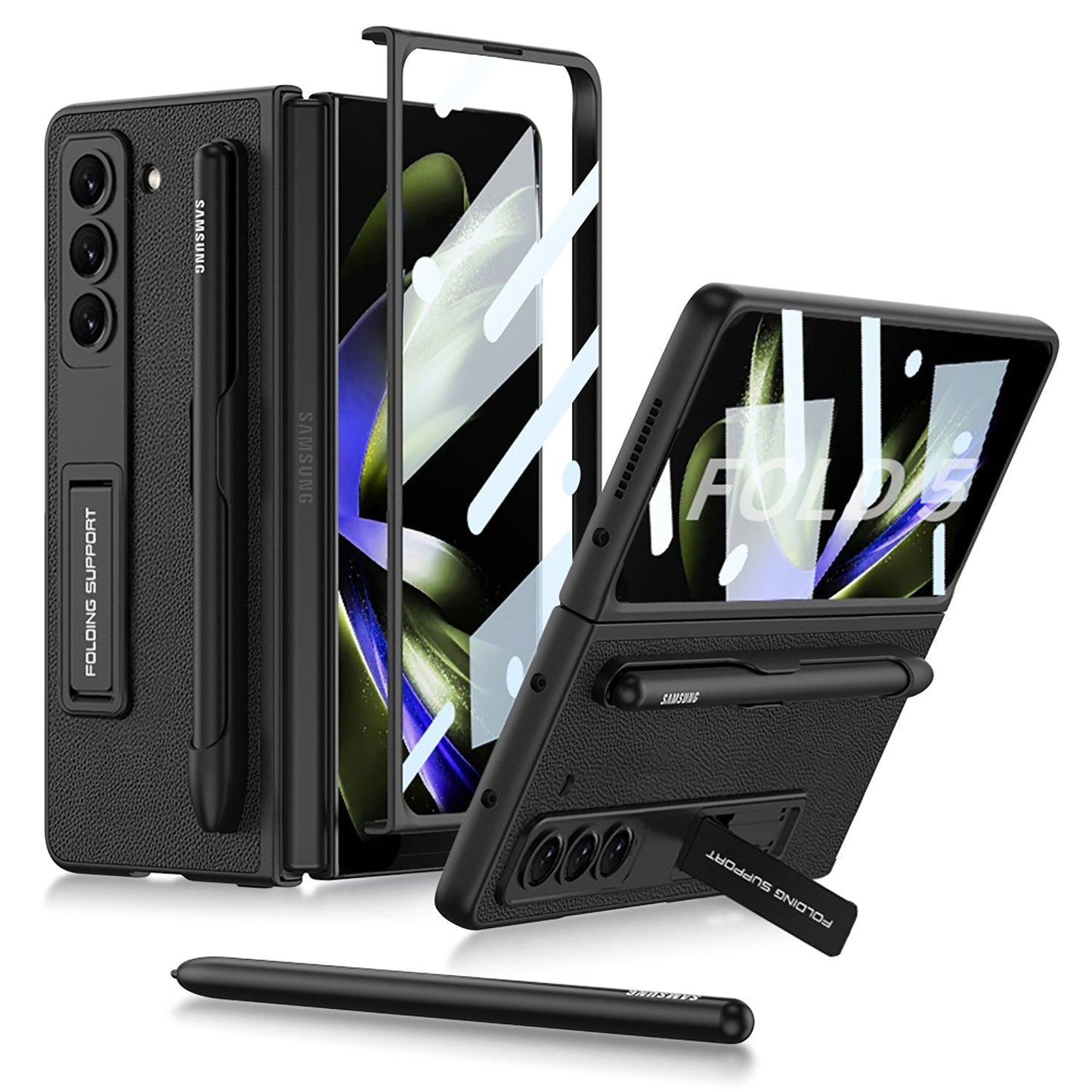 Slim Leather Samsung Galaxy Z Fold 5 Case with Front Screen Tempered Glass Protector & Pen Slot & Stylus - {{ shop_name}} varyfun