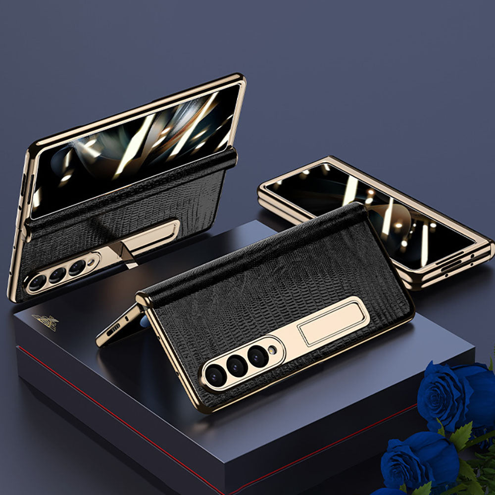 Handmade Leather Crocodile Pattern Phone Case With Back Screen Protector For Samsung Galaxy Z Fold4 5G - mycasety2023 Mycasety