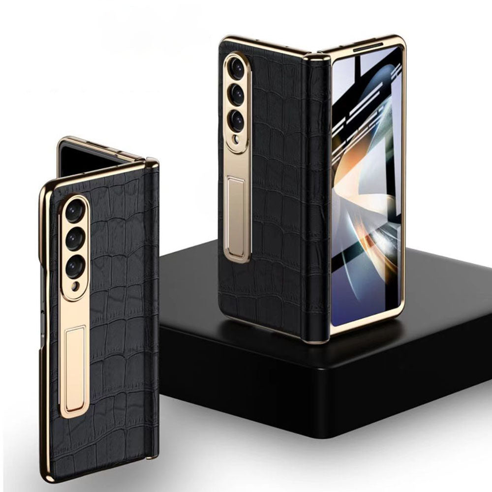 Handmade Leather Crocodile Pattern Phone Case With Back Screen Protector For Samsung Galaxy Z Fold4 5G - mycasety2023 Mycasety