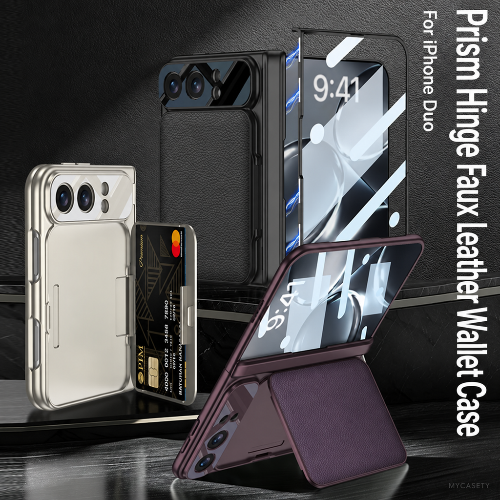 iPhone Duo - Magnetic Hinge Protection Cover Built-in Tempered Glass Film & Leather Card Holder