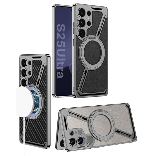 Magnetic Leather Phone Case With Detachable Magnetic Ring Support Wireless Charging For Galaxy S25 Ultra