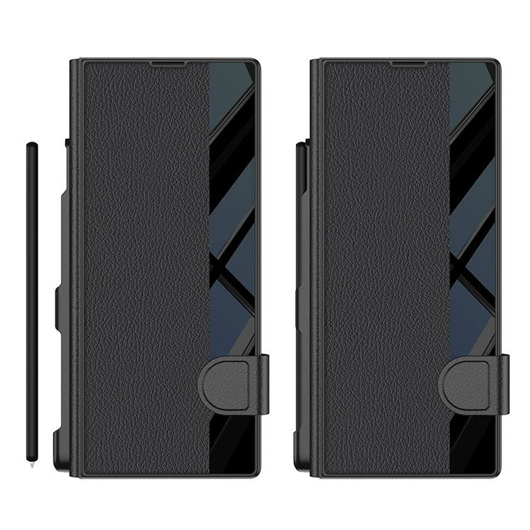 Leather Card Holder Pen-Slot Phone Cover With Glass Screen Protector For Galaxy Z Fold 6/7