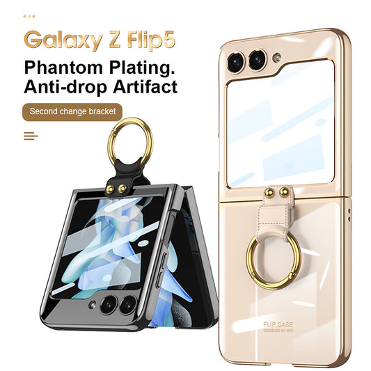 Plating Back Screen Glass Protection Phone Case With Finger-Ring For Samsung Galaxy Z Flip5 Flip4 Flip3 5G - {{ shop_name}} varyfun