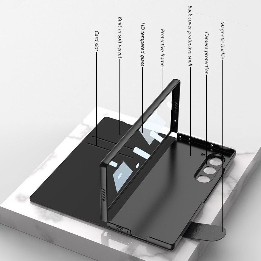 Leather Card Holder Pen-Slot Phone Cover With Glass Screen Protector For Galaxy Z Fold 6/7