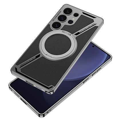 Magnetic Leather Phone Case With Detachable Magnetic Ring Support Wireless Charging For Galaxy S25 Ultra