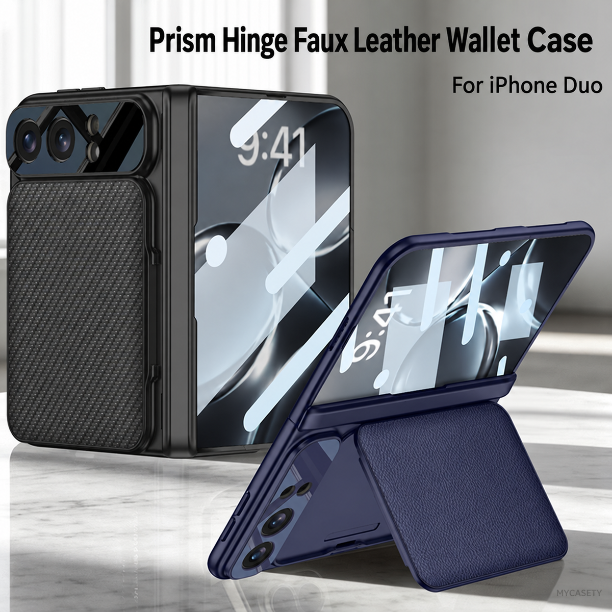iPhone Duo - Magnetic Hinge Protection Cover Built-in Tempered Glass Film & Leather Card Holder