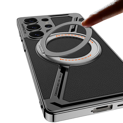 Magnetic Leather Phone Case With Detachable Magnetic Ring Support Wireless Charging For Galaxy S25 Ultra