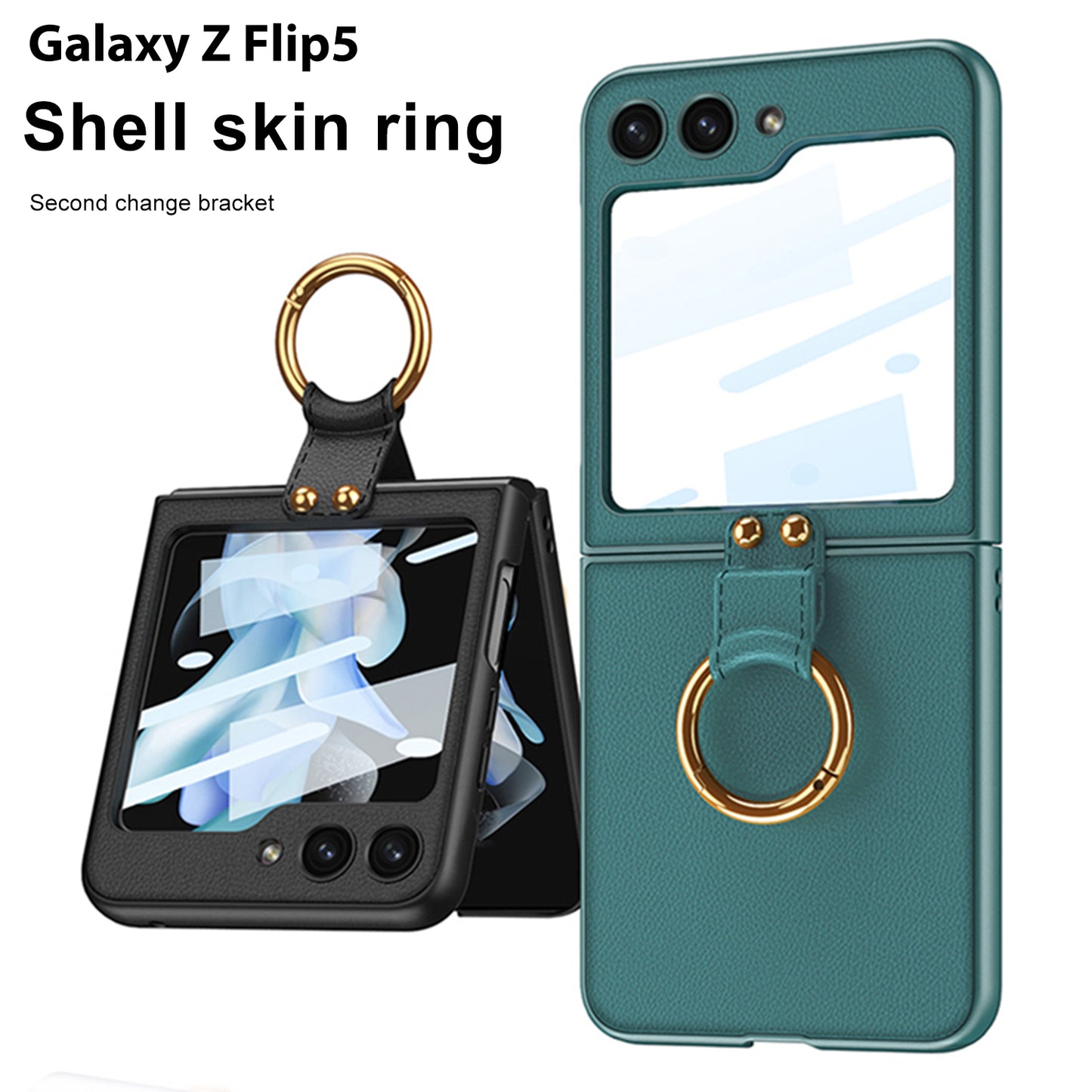 Premium Leather Back Screen Glass Protection Cover With Finger-Ring For Samsung Galaxy Z Flip5 Flip4 Flip3 5G - {{ shop_name}} varyfun