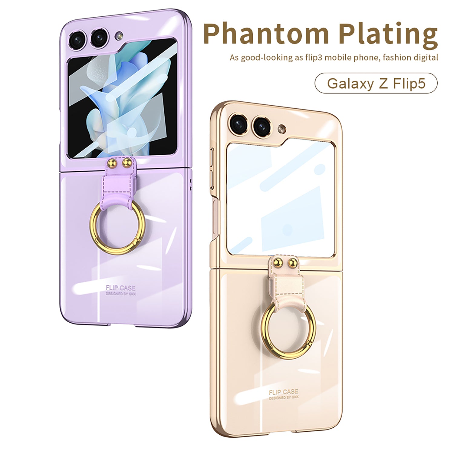 Plating Back Screen Glass Protection Phone Case With Finger-Ring For Samsung Galaxy Z Flip5 Flip4 Flip3 5G - {{ shop_name}} varyfun