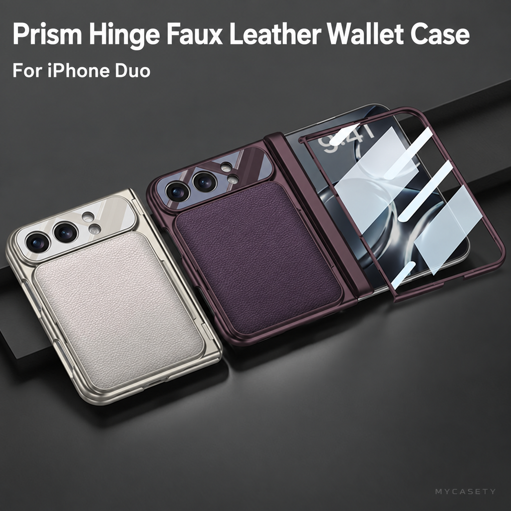 iPhone Duo - Magnetic Hinge Protection Cover Built-in Tempered Glass Film & Leather Card Holder
