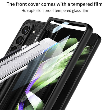 Invisible Bracket S Pen Slot Leather Protective Phone Case With Back Screen Protector For Samsung Galaxy Z Fold 5/4/3 5G