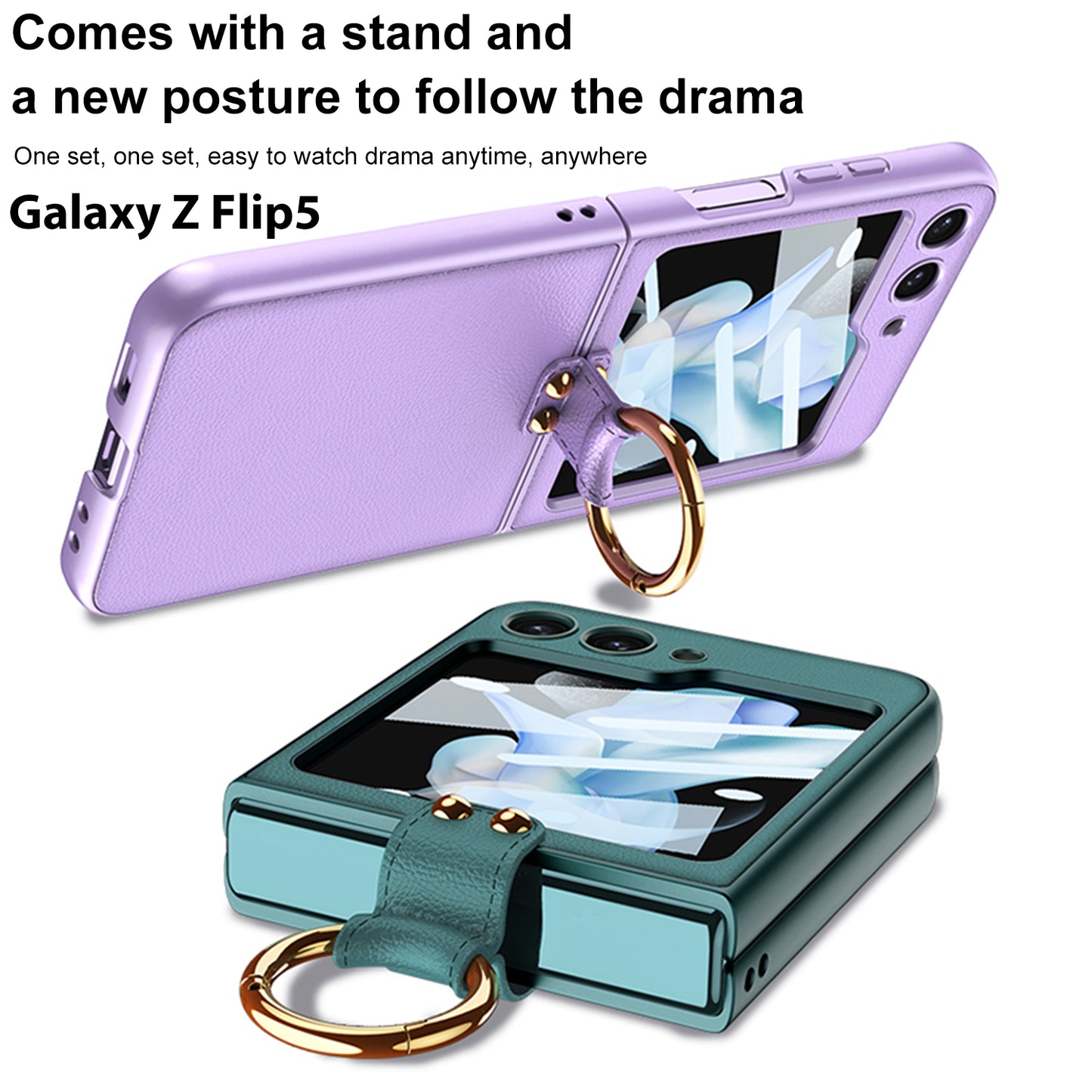 Premium Leather Back Screen Glass Protection Cover With Finger-Ring For Samsung Galaxy Z Flip5 Flip4 Flip3 5G - {{ shop_name}} varyfun