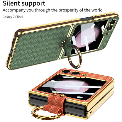Luxurious Braided Pattern Leather Electroplating Protective Phone Case For Samsung Galaxy Z Flip5 Flip4 Flip3 5G