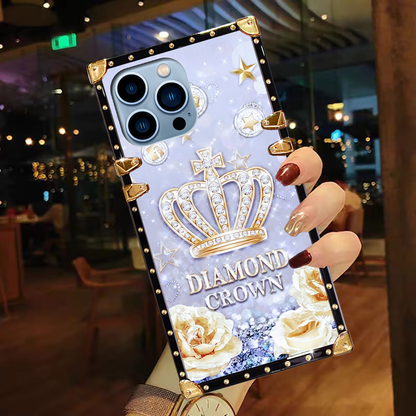 Luxury Brand Diamond Crown Gold Square Case For iPhone