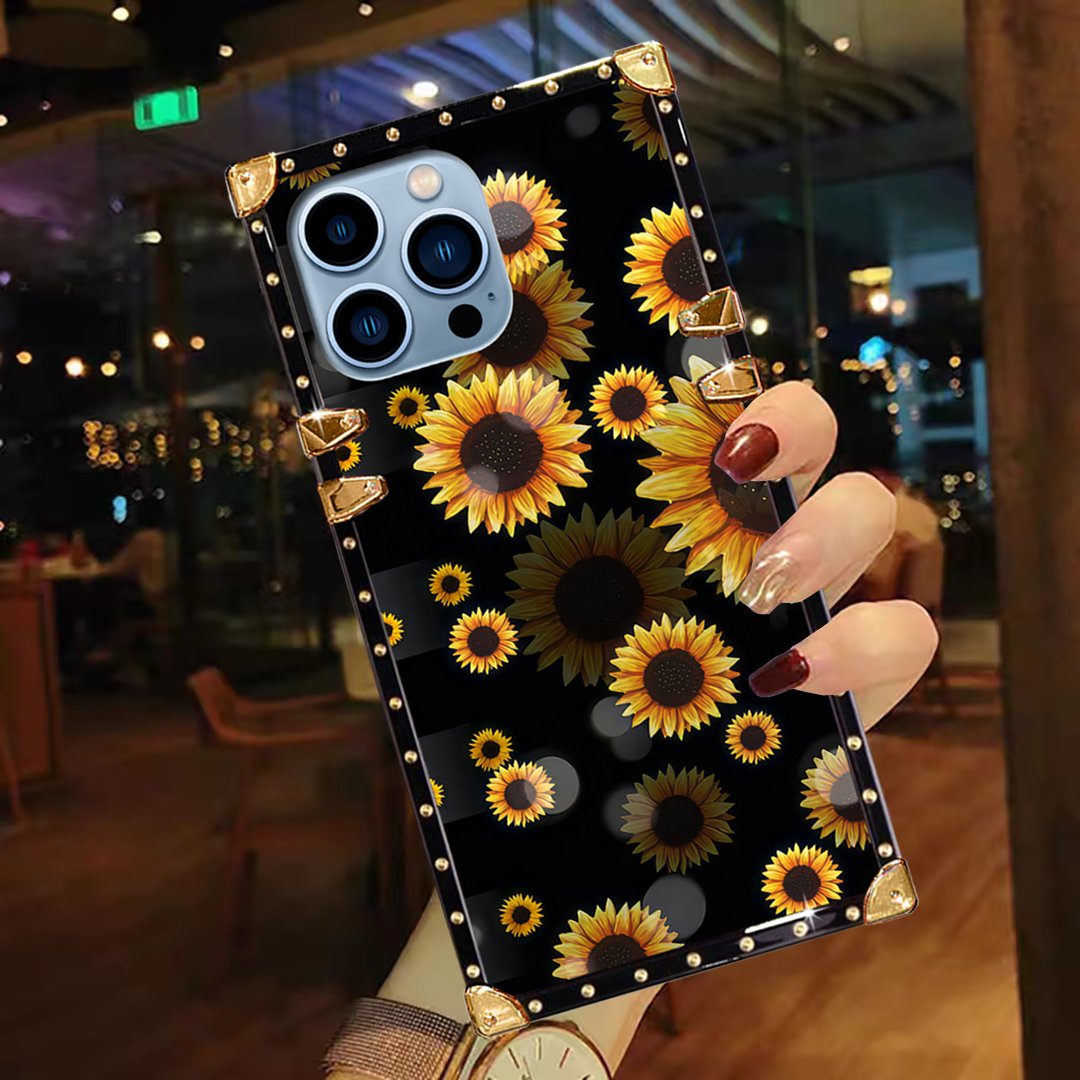 Luxury Brand Sunflower Garden Gold Square Case For iPhone