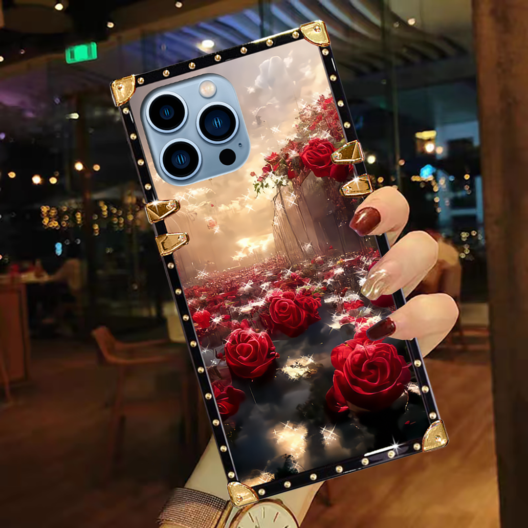 Luxury Brand Sunset Rose Garden Gold Square Case For iPhone
