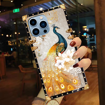 Luxury Brand Peacock Pattern Gold Square Case For iPhone