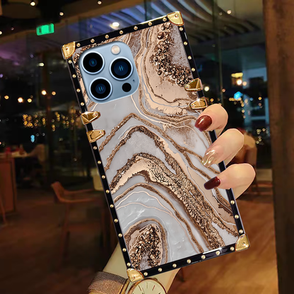 Luxury Brand Quicksand Marble Gold Square Case For iPhone