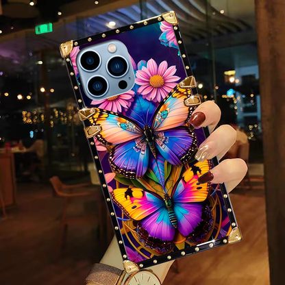 Luxury Brand Colorful Butterfly Gold Square Case For iPhone