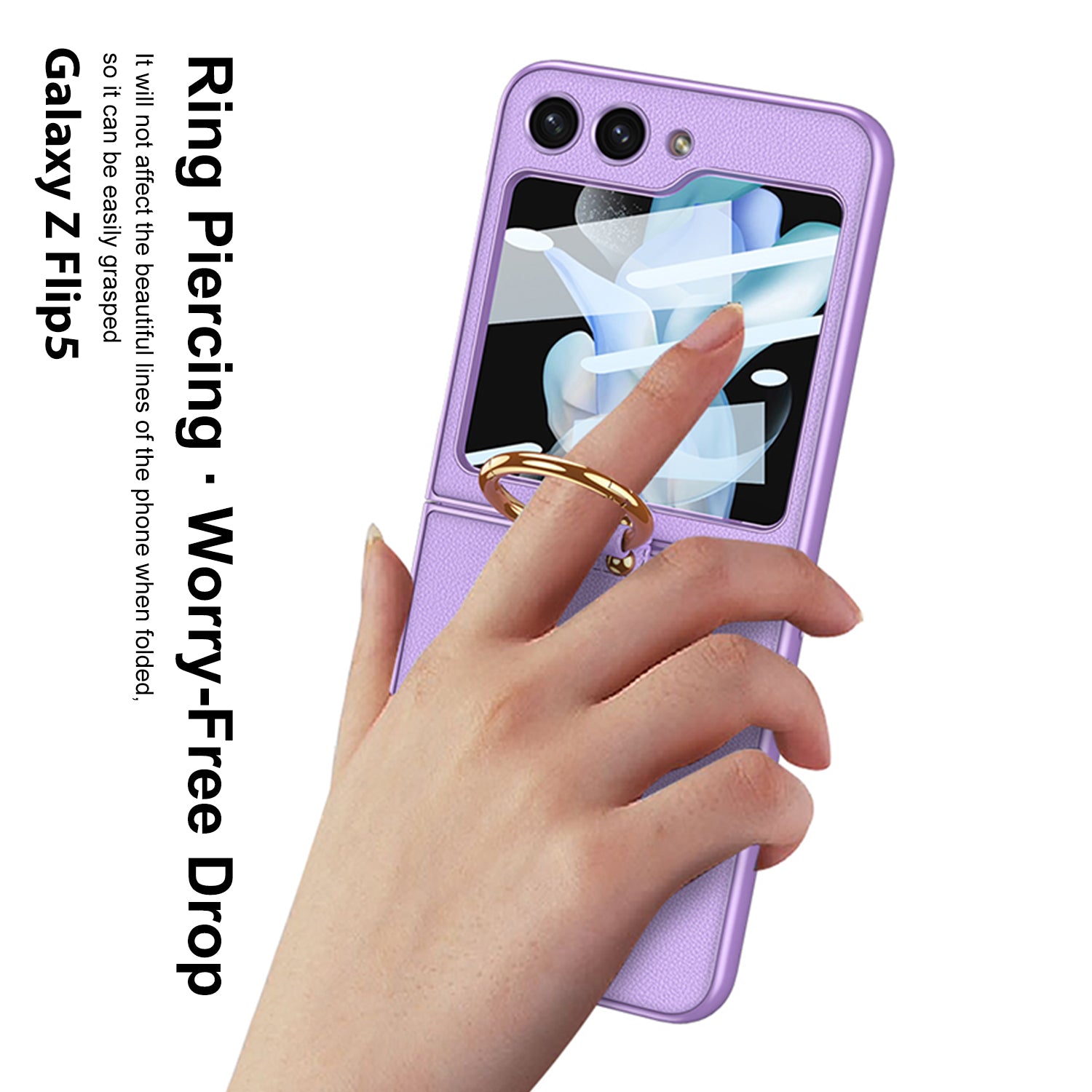 Premium Leather Back Screen Glass Protection Cover With Finger-Ring For Samsung Galaxy Z Flip5 Flip4 Flip3 5G - {{ shop_name}} varyfun