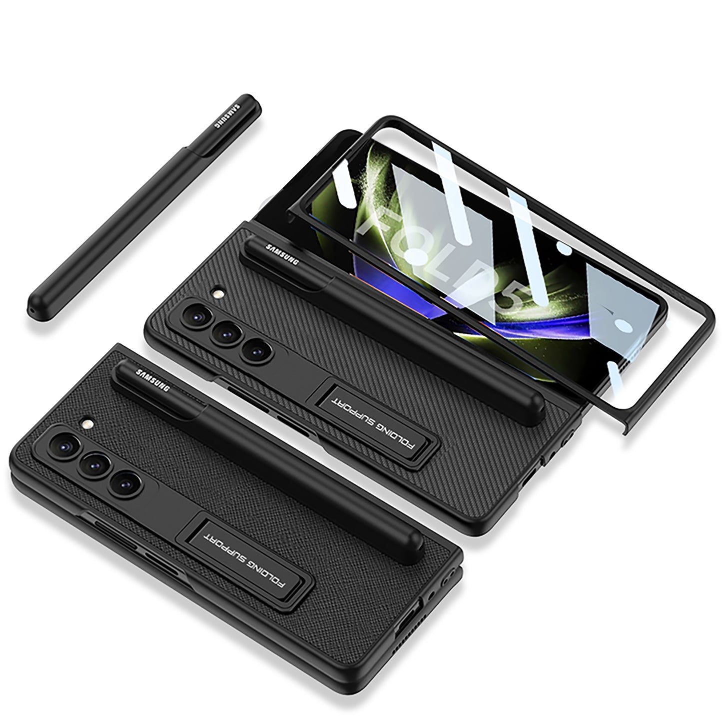 Invisible Bracket S Pen Slot Leather Protective Phone Case With Back Screen Protector For Samsung Galaxy Z Fold 5/4/3 5G