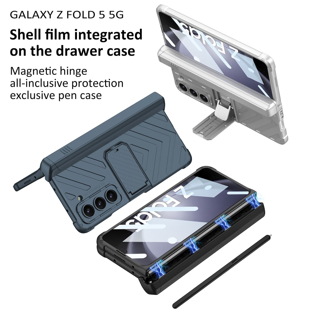 Magnetic Samsung Galaxy Z Fold5 Fold4 Fold3 Case Business Folding Armor Cover With Film & Slide Pen Slot and Kickstand - mycasety2023 Mycasety