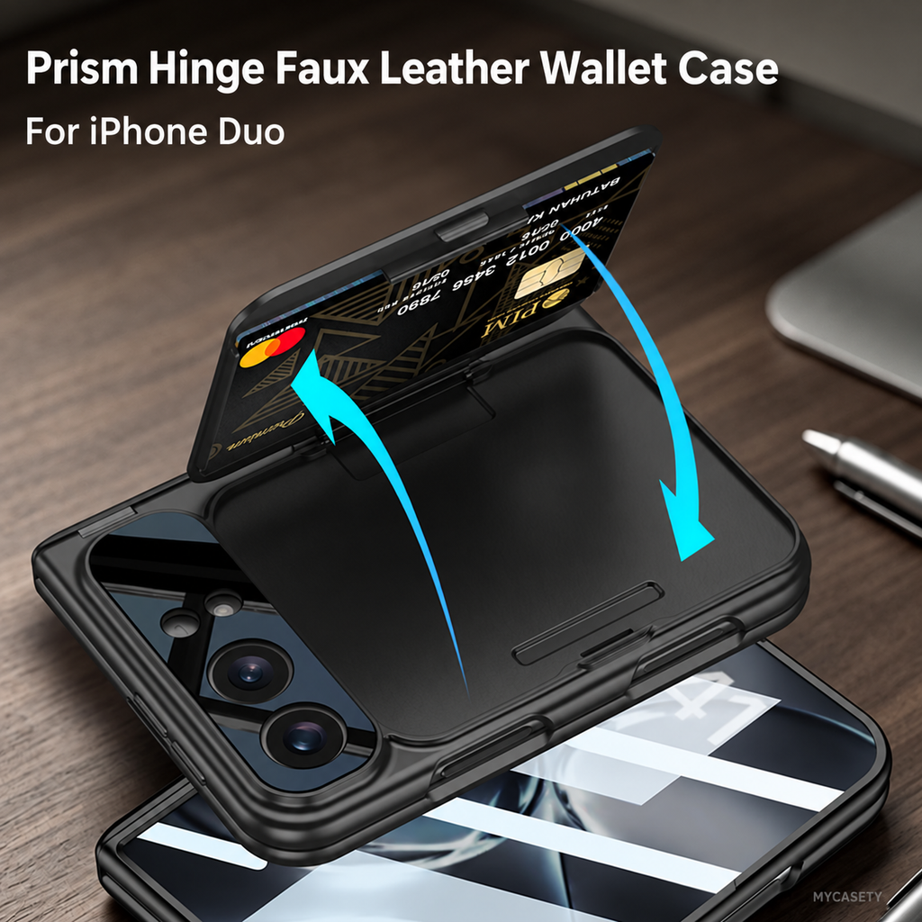 iPhone Duo - Magnetic Hinge Protection Cover Built-in Tempered Glass Film & Leather Card Holder