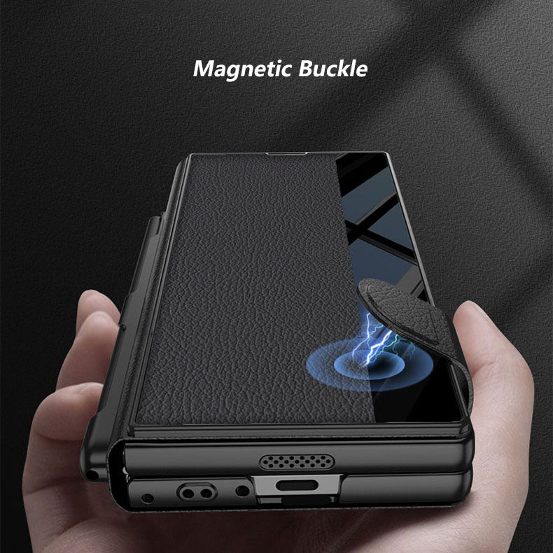 Leather Card Holder Pen-Slot Phone Cover With Glass Screen Protector For Galaxy Z Fold 6/7