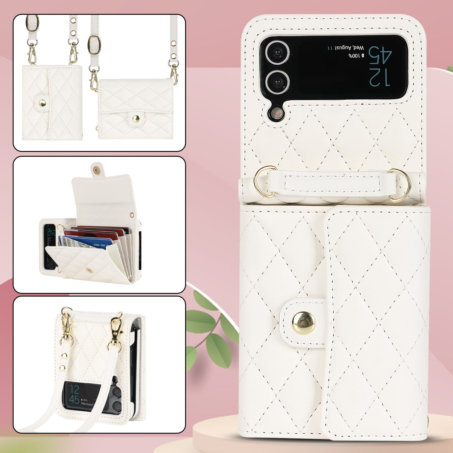 Luxury Leather Card Holder Phone Case With Chain For Samsung Galaxy Z Flip3 Flip4 Flip5 5G - {{ shop_name}} varyfun