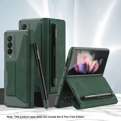 Leather Pen Holder Armor Back Case For Samsung Galaxy Z Fold3 Fold4 5G - Mycasety Mycasety