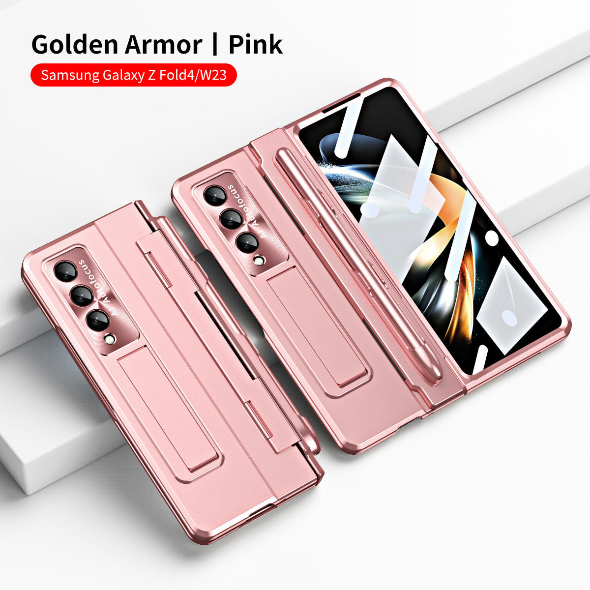 Golden Armor Hinge Magnetic Bracket Protective Phone Case With Front Protection Film For Samsung Galaxy Z Fold5 Fold4 Fold3 - Mycasety Mycasety
